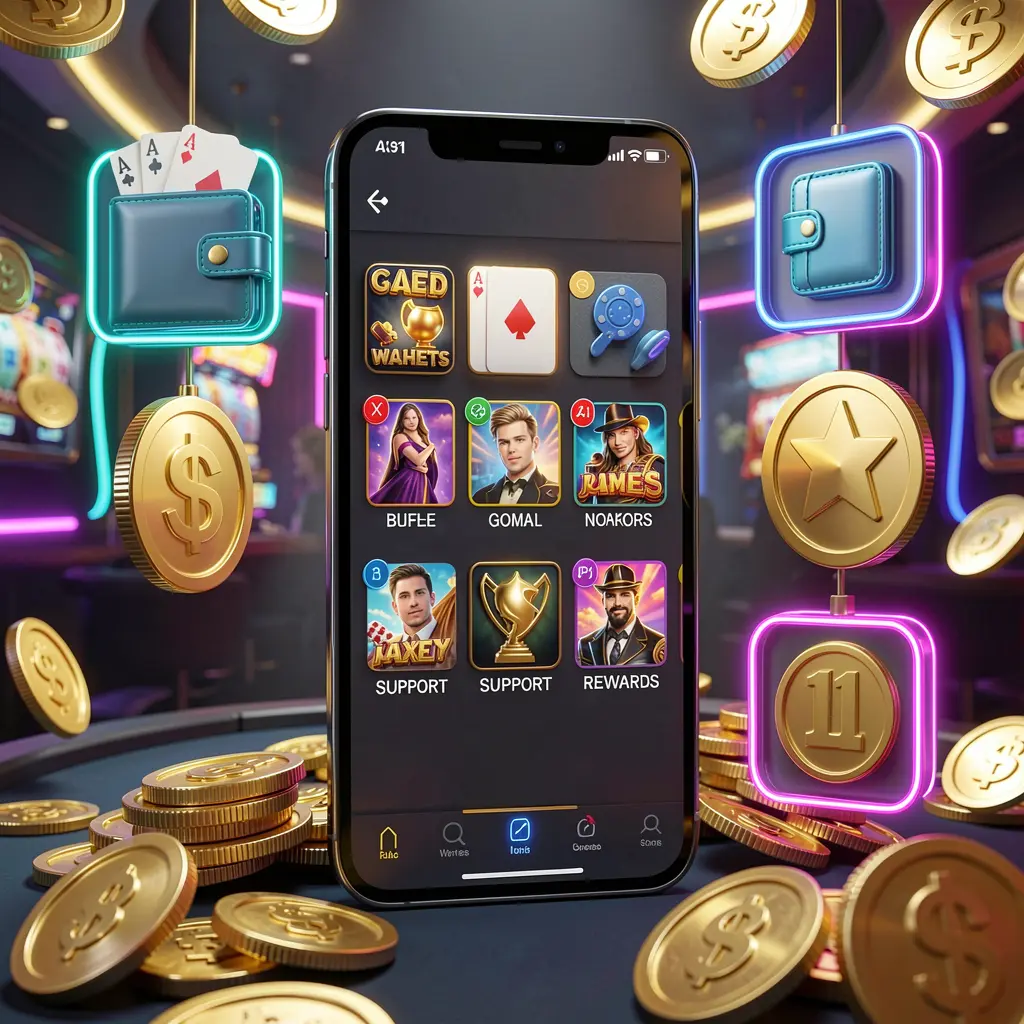 KP111 online casino app features visual showing a smartphone surrounded by icons for wallet, games, support, and rewards with golden coins and neon lights in a luxury 3D render