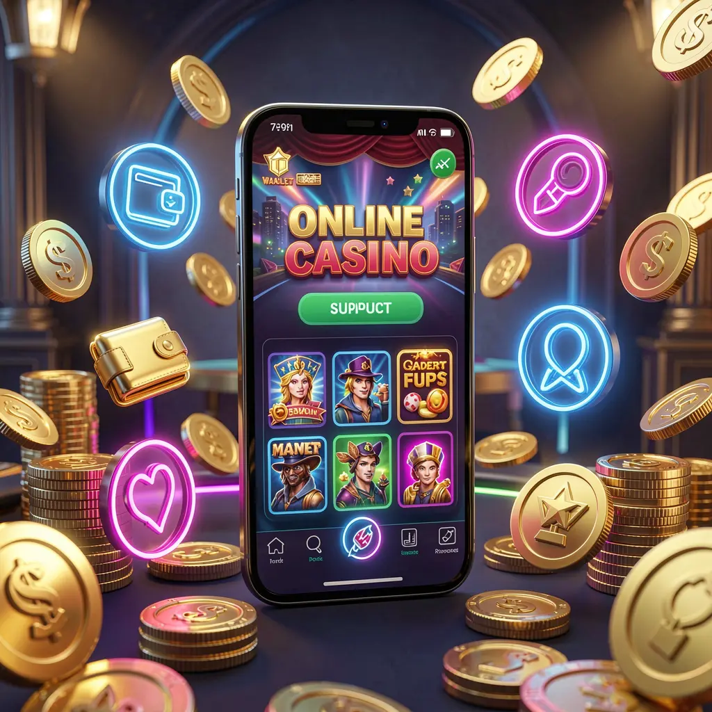 KP111 online casino app features visual showing a smartphone surrounded by icons for wallet, games, support, and rewards with golden coins and neon lights in a luxury 3D render