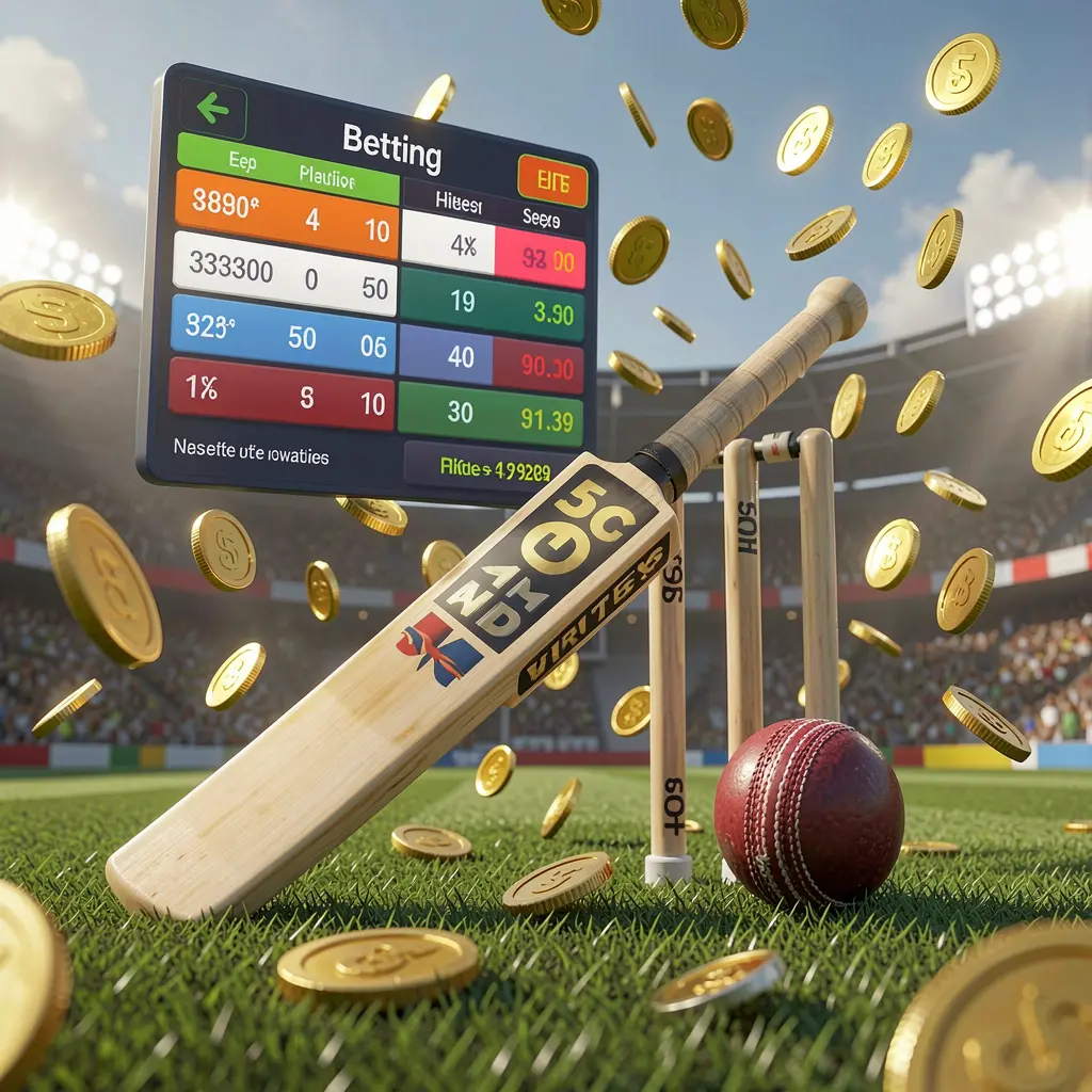 KP111 sports betting page showing a realistic 3D cricket bat, ball, and wickets on stadium grass with floating betting odds interface and golden coins flying