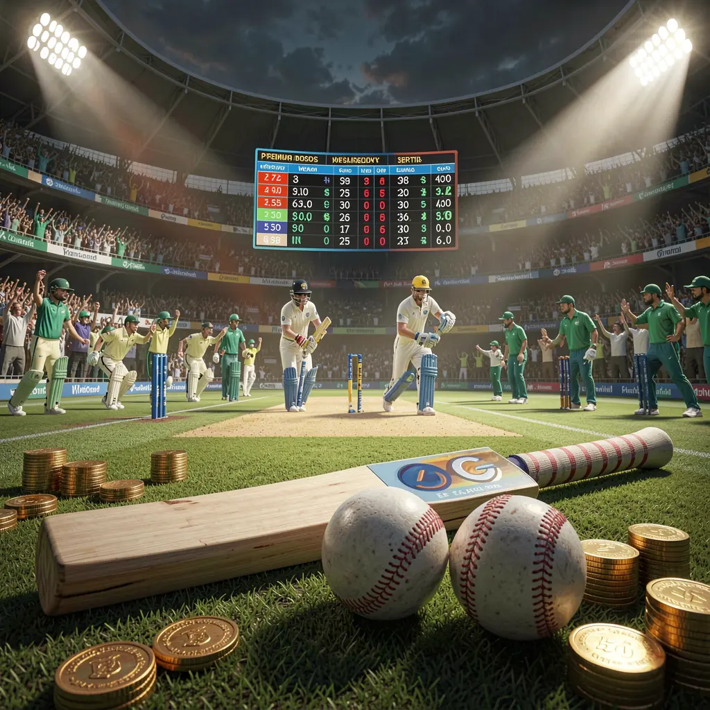 KP111 premium cricket betting scene showing a cricket stadium filled with crowd, bat and ball in the foreground, digital odds graphics and coins under dramatic lighting in a high detail 3D render