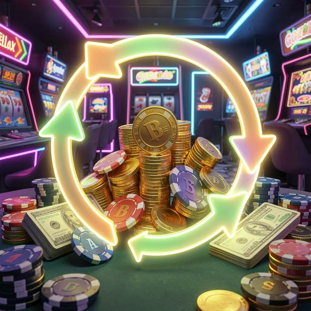 KP111 reload bonus casino visual featuring glowing circular arrows around coins, chips, and cash with a modern neon casino background in a high detail 3D render