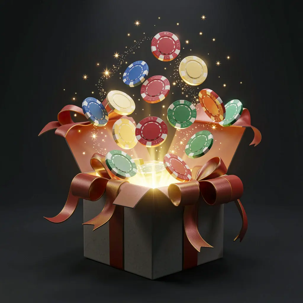 KP111 no deposit bonus visual featuring free casino chips emerging from a glowing gift box with magical sparkles on a dark premium background in a realistic 3D render