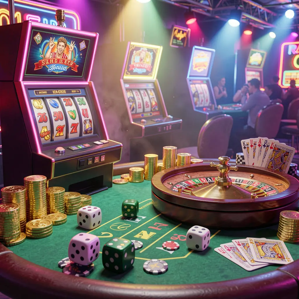 KP111 casino entertainment scene featuring a slot machine, roulette wheel, dice, cards, and golden coins illuminated by colorful neon lights in a high quality 3D render
