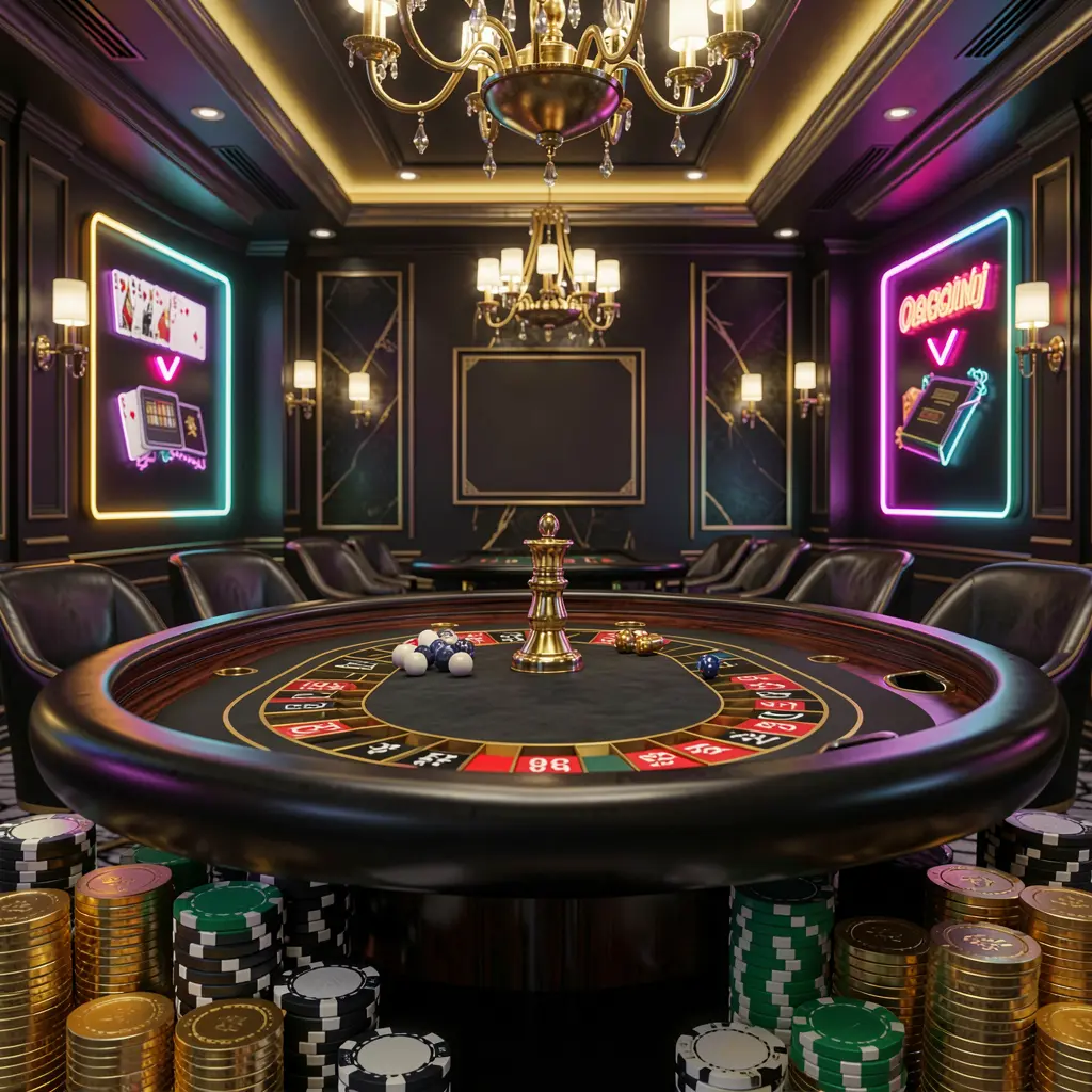 KP111 online casino hero banner featuring a luxury casino hall with a roulette table, poker chips, golden coins, and glowing neon lights in a premium black and gold atmosphere