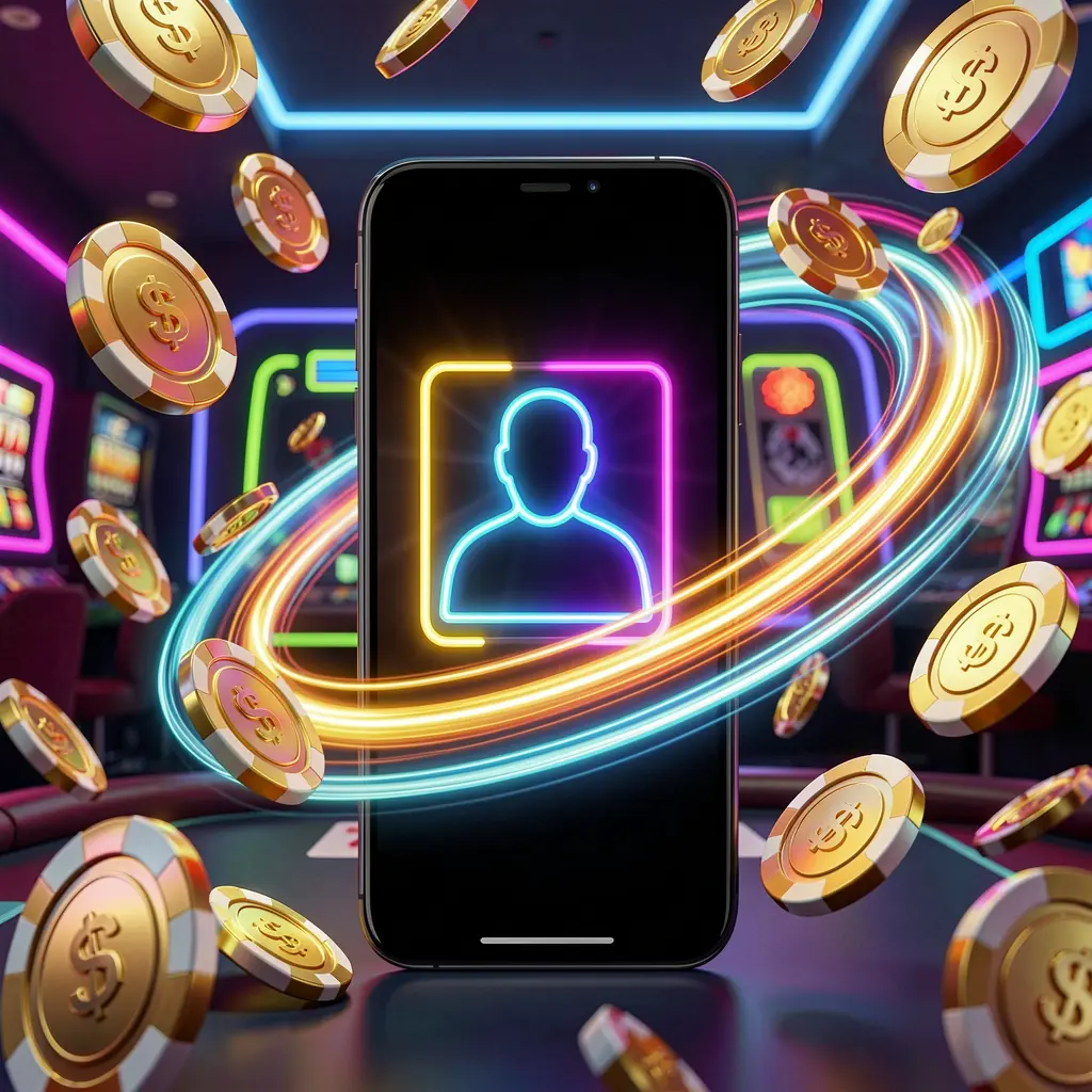 KP111 fast casino login banner showing a smartphone with a bright user icon surrounded by speed light trails, golden coins, and chips flying around in a modern neon casino style