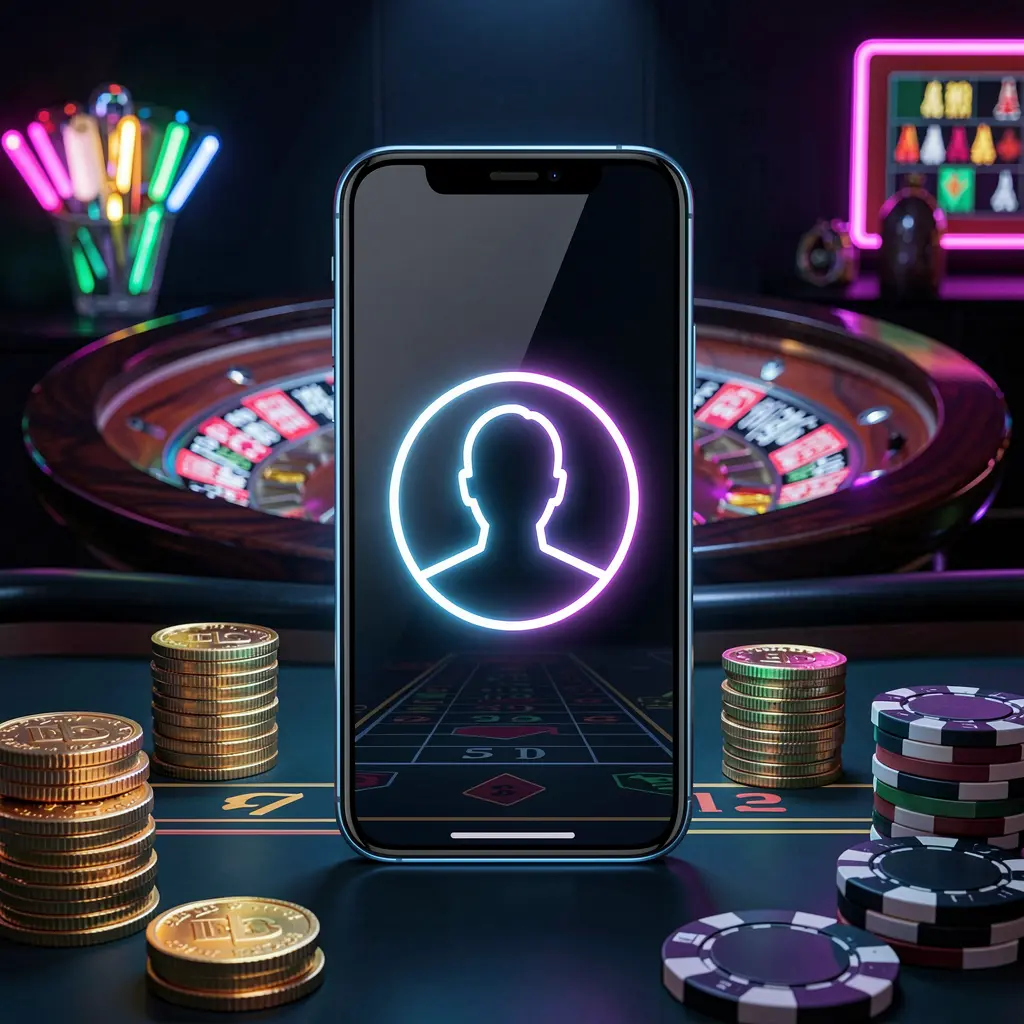 KP111 online casino login hero image featuring a modern phone with glowing profile icon, roulette lights in the background, golden coins and poker chips in a premium dark neon atmosphere