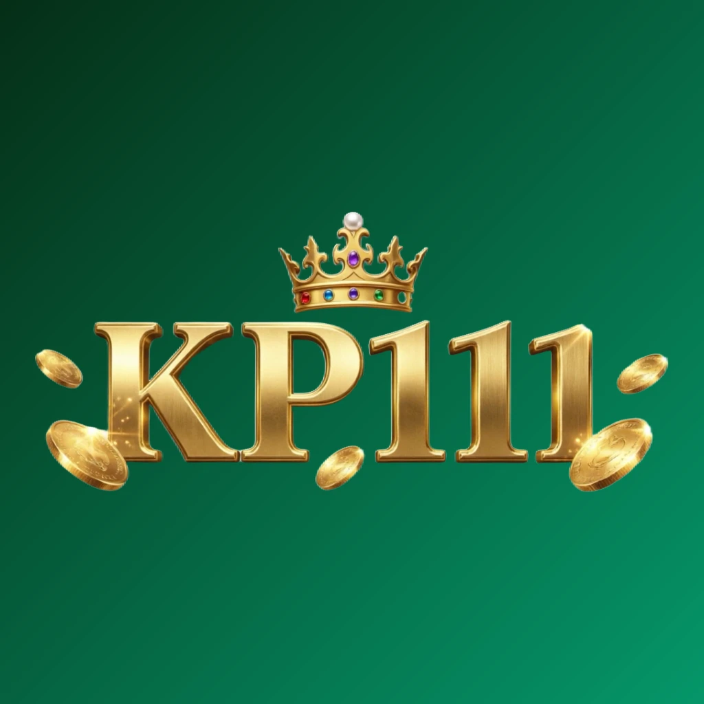 KP111 casino-style logo with golden letters, a crown element, and sparkling coins, creating a luxury gaming atmosphere in a wide horizontal rectangular wordmark for website header on transparent background