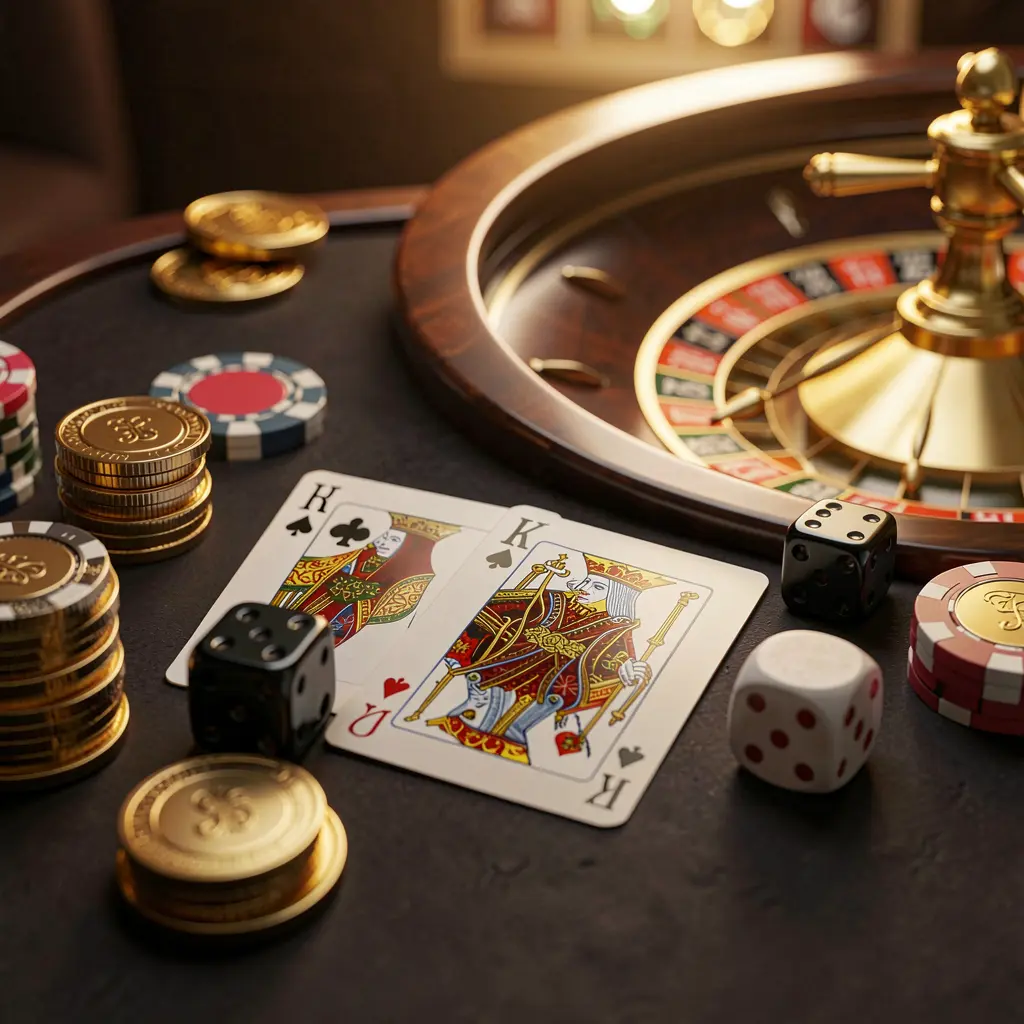 KP111 elegant online casino homepage featuring royal flush cards, dice, golden coins, poker chips on a dark table with a glowing roulette wheel in the background